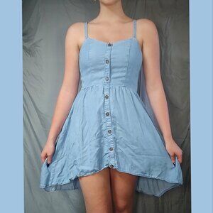 Blue High-Low Dress with Button Detail Down Front, Spaghetti Strap